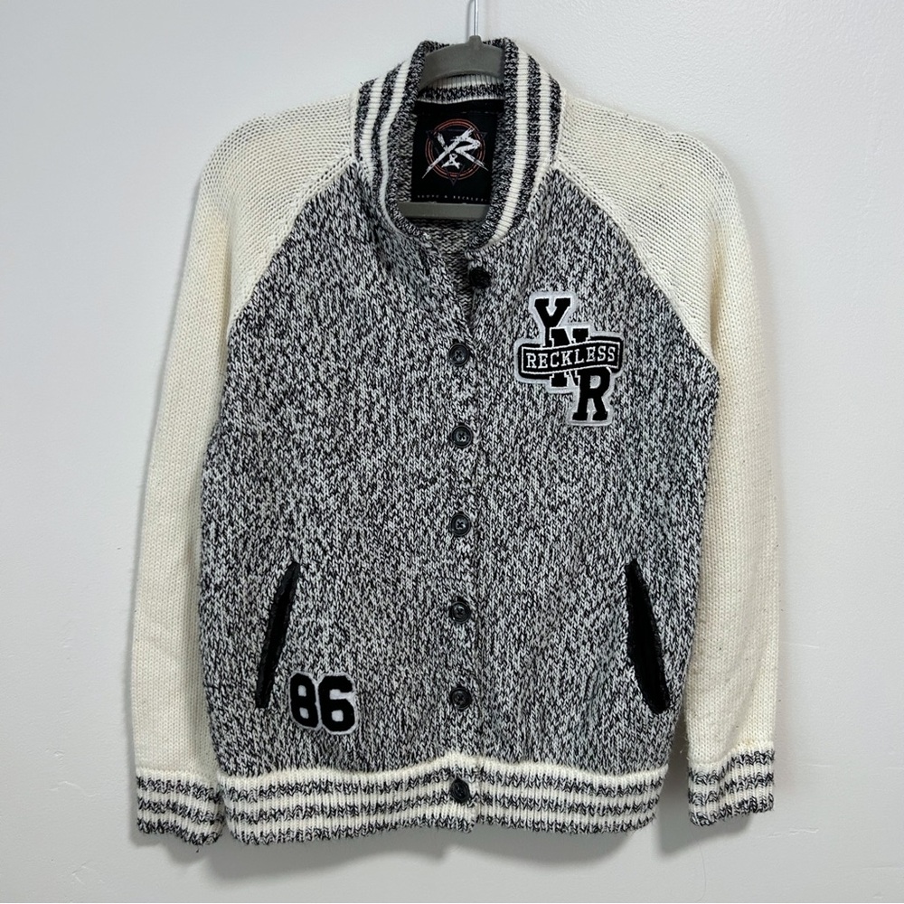 Young & Reckless Cardigan Varsity Schoolboy Sweater Gray White Black Medium
